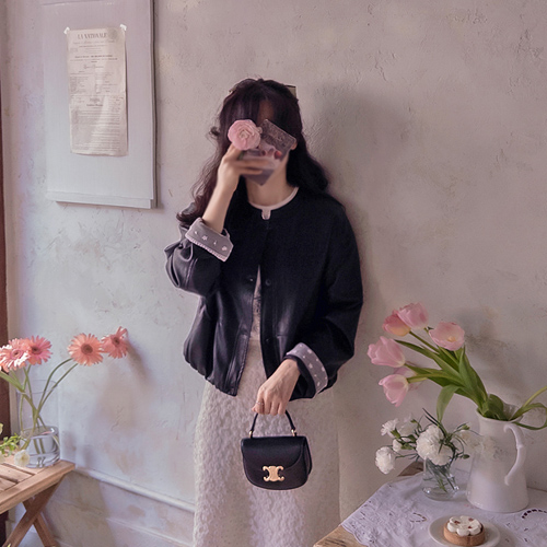 [プリオーダー7千ウォン割引]シュコンディーレースネックリボンボードルフレキシブルレザージャケット[size:F(55～66)][3月10日以降発送予定]