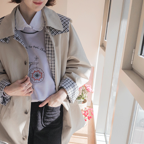 ミューイドフード脱着チェック配色 リバーシブルコート [size:F(55～66盤)]