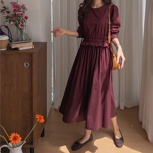 [LABEL] エリンミュー フリル ウエスト両サイド調節ワンピース [size:F(55～66盤)]