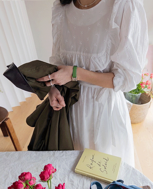 フィオレリボン刺繍ストラップ パフ袖 フリルワンピース [size:F(55～66)]