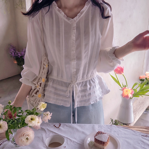 クローブシャリングネック 春ピンタック ウエストストラップ調節 ヨリルーズフィット ブラウス[size:F(55～66)]