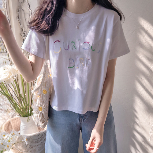 キュリーバード刺繍レタリング 耳よみ半そでティー [size:F(55～66)]