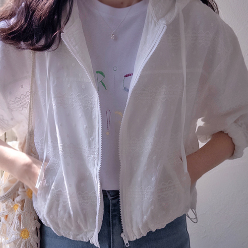 春シャーリングフードドット刺繍 ラブリー軽い集業ジャンパー [size:F(55～66)]