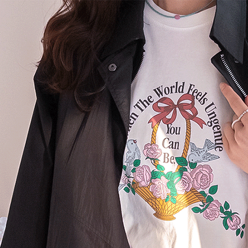 可愛らしいレイデルフラワー＆バードプリントシルケットティーシャツ [size:F(55～66)]