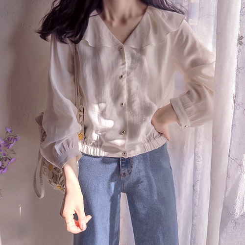 [ベスト特価6千ウォン割引] <FONT color=#5a3954>MADE LIN</font>フォーエジ フリルバンディング ブラウス[size:F(55～66),1(77)]