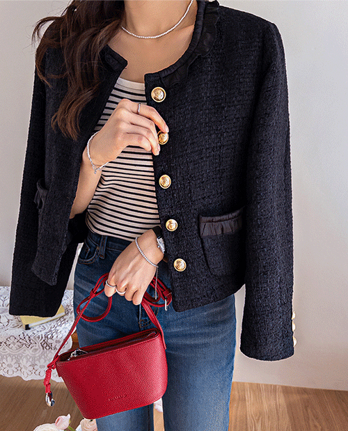 [クラシックムード/荷客ルック] メロシャフリルネック ボムツイード 金装ボタンジャケット [size:M,L]