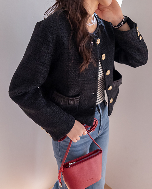 [クラシックムード/荷客ルック] メロシャフリルネック ボムツイード 金装ボタンジャケット [size:M,L]