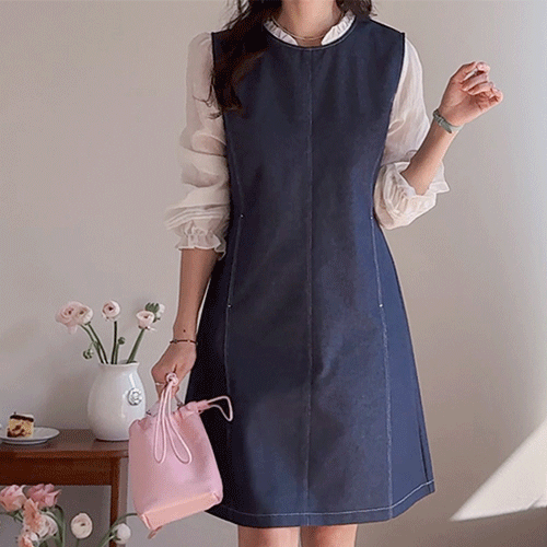 [新賞特価5千ウォン割引] <FONT color=#5a3954>MADE LIN</font>オネッドステッチポケットデニムワンピース[size:F(55～66)]