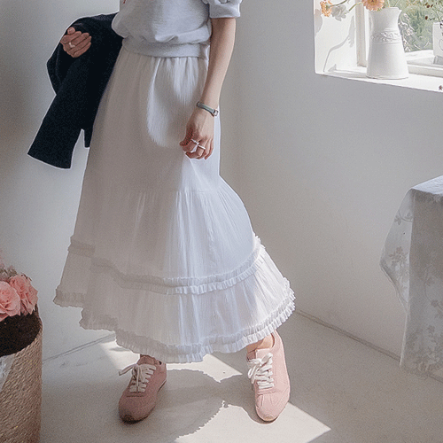 [新賞特価7千ウォン割引] <FONT color=#5a3954>MADE LIN</font>エンネル フリル カンカン ロングスカート[size:F(55～66盤)]