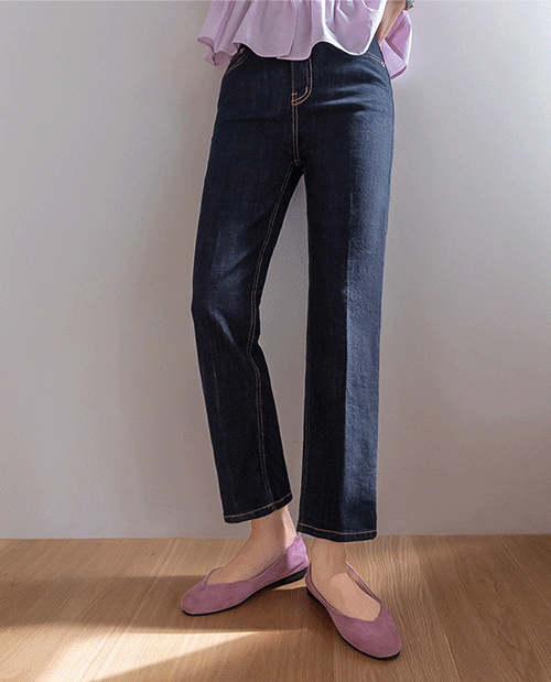 [ノンフェード/耳炎心配なし]ムーブ脚長く見えるレジックライン 日付フィットデニムパンツ [size:S,M,L]