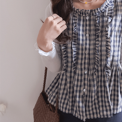 キュリーピンタックプリルギンガムチェック 袖なしブラウス [size:F(55～66盤)]