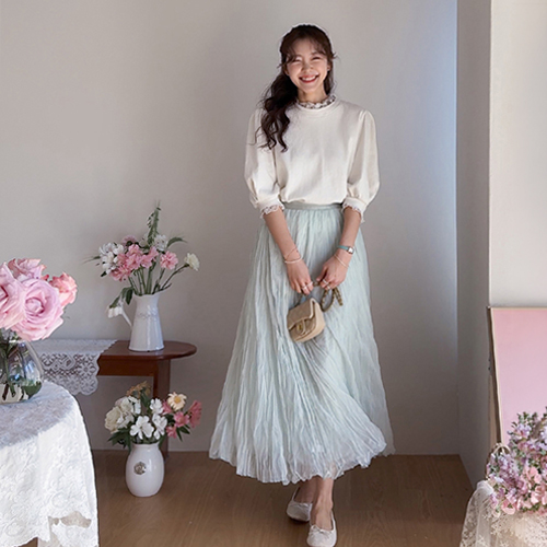 [新賞特価6千ウォン割引] <FONT color=#5a3954>MADE LIN</font>ロアド ドットプリル レイヤード パフ半そでティー [size:F(55～66)]