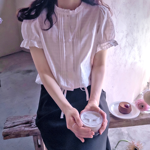 ピュア正方形ラブ波ネックレス下紐調節ブラウス[size:F(55～66)]