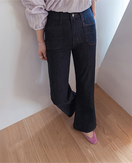 [耳炎心配なし] ルーエットフロントポケットバンディングブーツカット ノンフェードデニムパンツ [size:S,M,L]