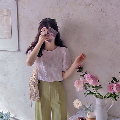 シュミニドットネック刺繍 くつろぎ心配なくラブリンクブラウス[size:F(55～66)]