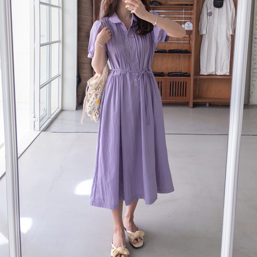 【先着15％割引】 <FONT color=#5a3954>MADE LIN</font>モルネ ラウンドカラー ピンタック ワンピース【size:F(55～66)】