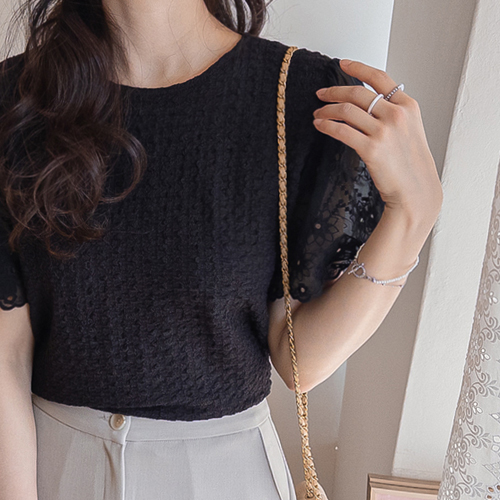 [チーズスパン]マレナロマンチックエンボス生地レース袖 ブラチシャツ [size:F(55～66)]