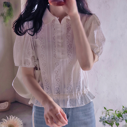 【新賞特価7千ウォン割引】 <FONT color=#5a3954>MADE LIN</font>モアネン カラー レースストリング ブラウス【size:F(55～66)】