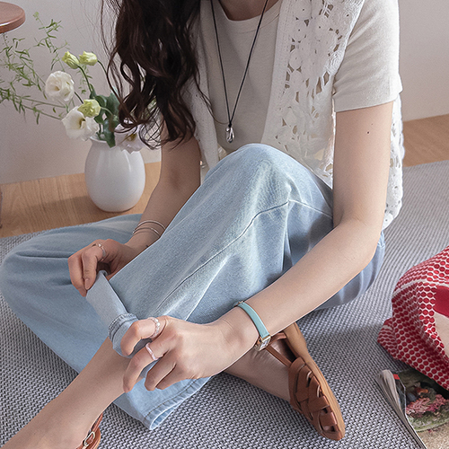 塗装涼しくさわやかな青色ワイド日付デニムパンツ [size:S,M,L]