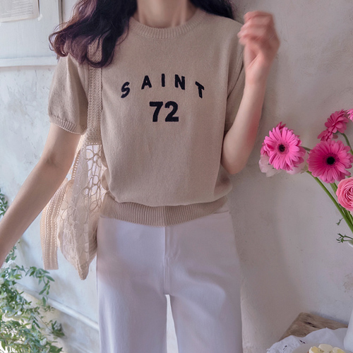 ナンバーレタリング刺繍 クールな夏糸 ニット【size:F(55～66)】