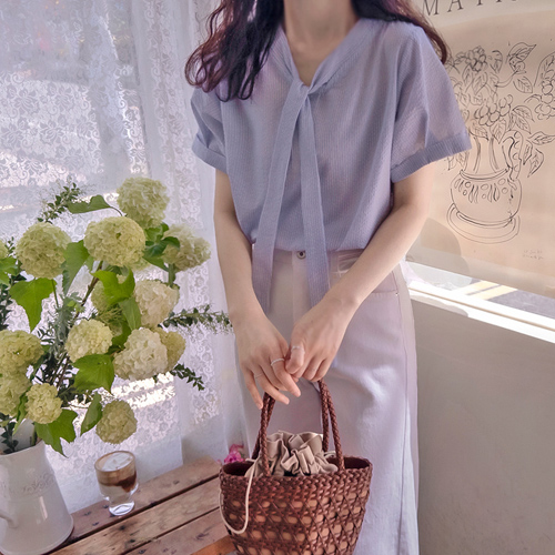 おしゃれタイ袖ポイントシアサーカー 高級米ブラウス [size:F(55～66)]