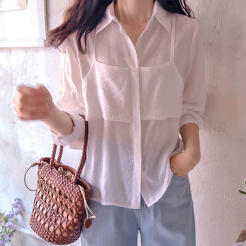 【新特価15％割引】 <FONT color=#5a3954>MADE LIN</font>空レイヤードビスティエ 夏＆春ブラウス [size:F(55～66),L(77)]
