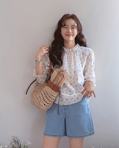 【D-4先着順限定数量15%特典】MADE LINコエットパープルフラワーネクショリングブラウス【size:F(55～66盤)】
