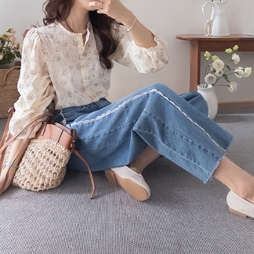 [体型カバー/快適バンディング] シュビーレースポイントワイドデニムパンツ [size:S,M,L]