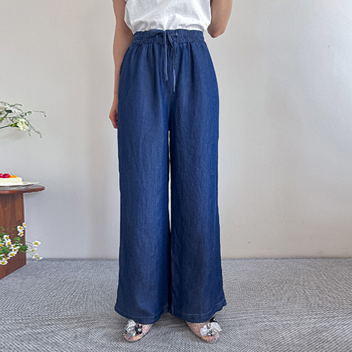 [軽/夏デイリー]アイス腰バンディングワイドデニムパンツ[size:F(55～66)]