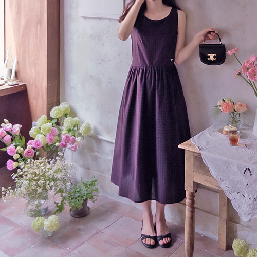 [新特価15％割引] <FONT color=#5a3954>MADE LIN</font>リンパンダント サマーチェック クールなウエストストラップ 甘いフィットワンピース [size:F(55～66),L(77)]