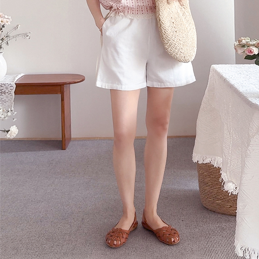 【着こなしのように軽い-】シュアAライン グッズカバーバンディング リネンハーフパンツ[size:F(55～66盤)]
