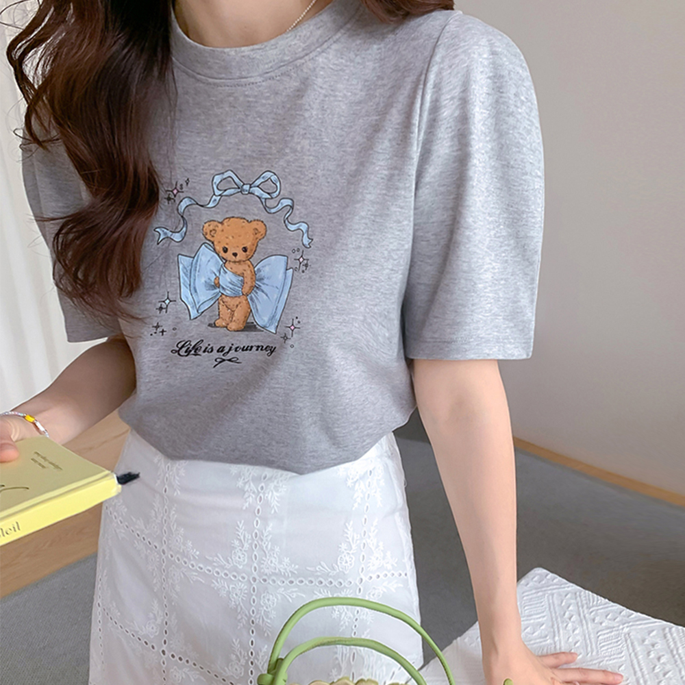 [チックスパン/体型カバー] ポデイ ショルダーパフ くまのプリンティング 半そでティーシャツ [size:F(55～66)]