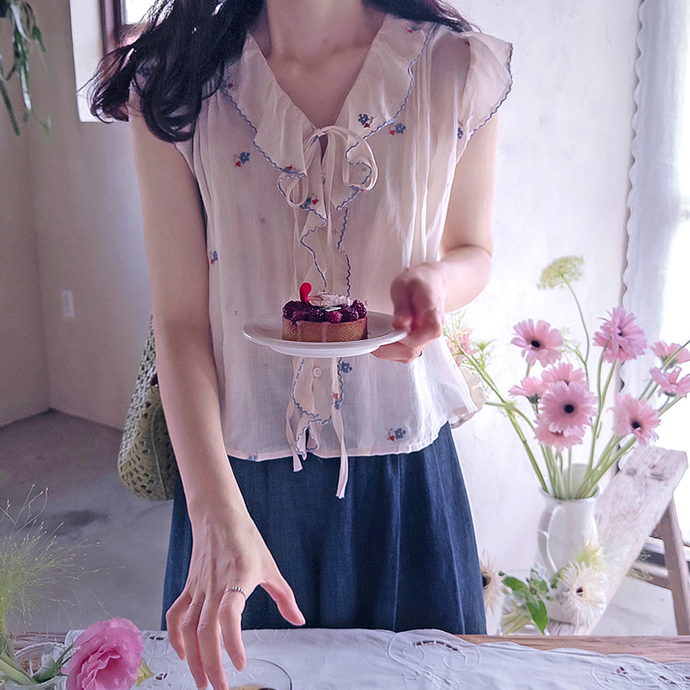 ジェシーフラワー刺繍 シャーリングスカイピンタック リネンクールなブラウス [size:F(55～66)]