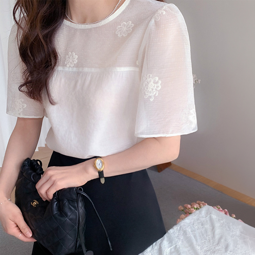 エレガンスフラワー刺繍シーツルー シーポン半そで夏ブラウス [size:F(55～66)]