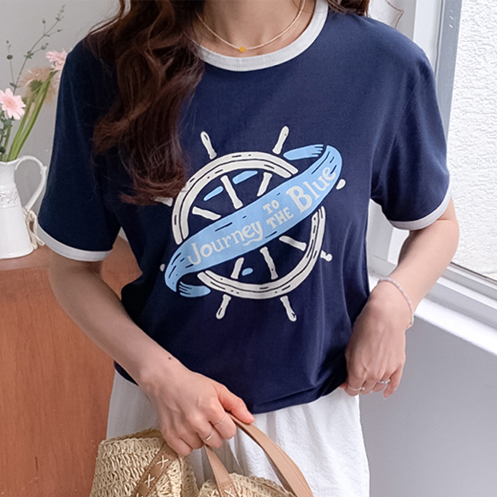 青色モーダルチャッツラウンド配色ティーシャツ [size:F(55～66)]