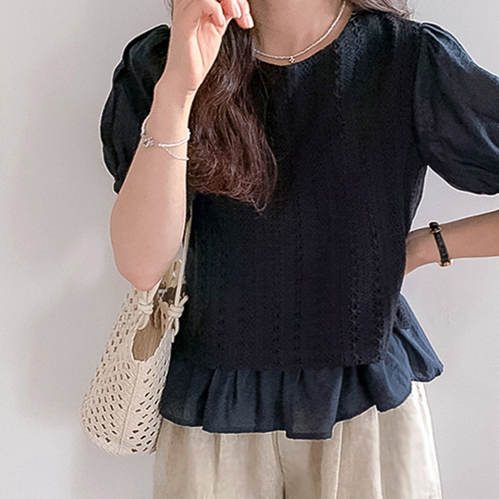【前腕カバー】シークレット軽いフリルパフ袖 レースブラウス [size:F(55～66)]