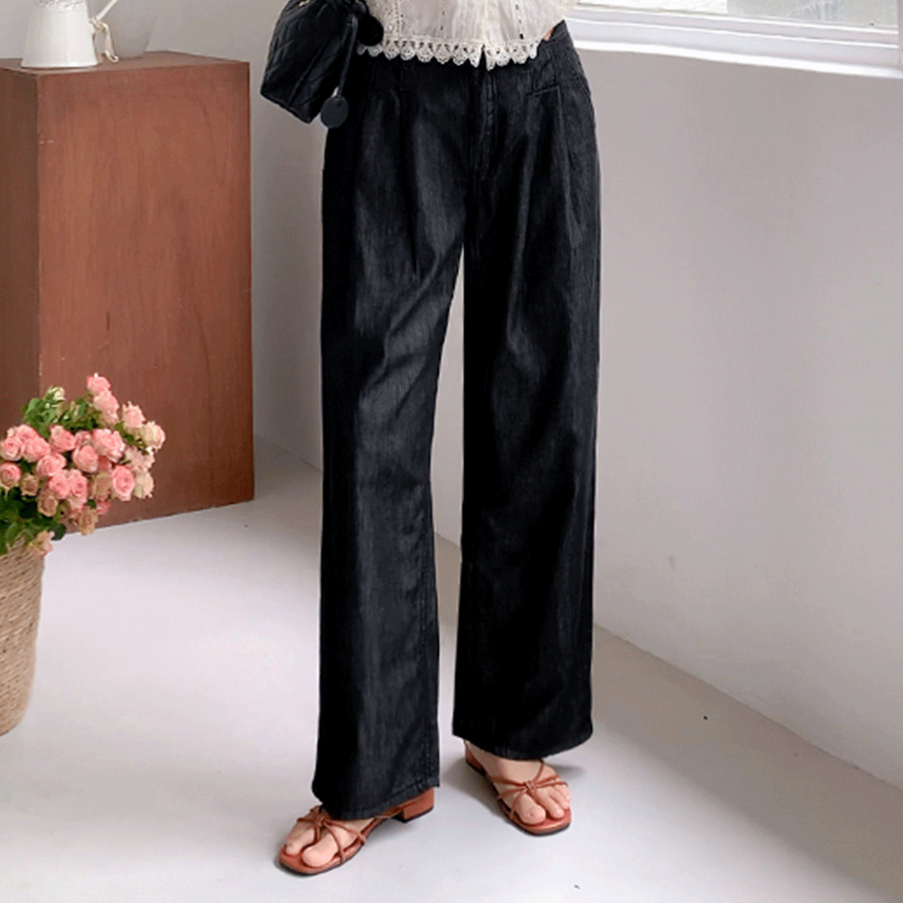 メルビーノンフェードツーピンタックワイドデニムパンツ（ショット/基本/長）[size:S,M,L,XL]