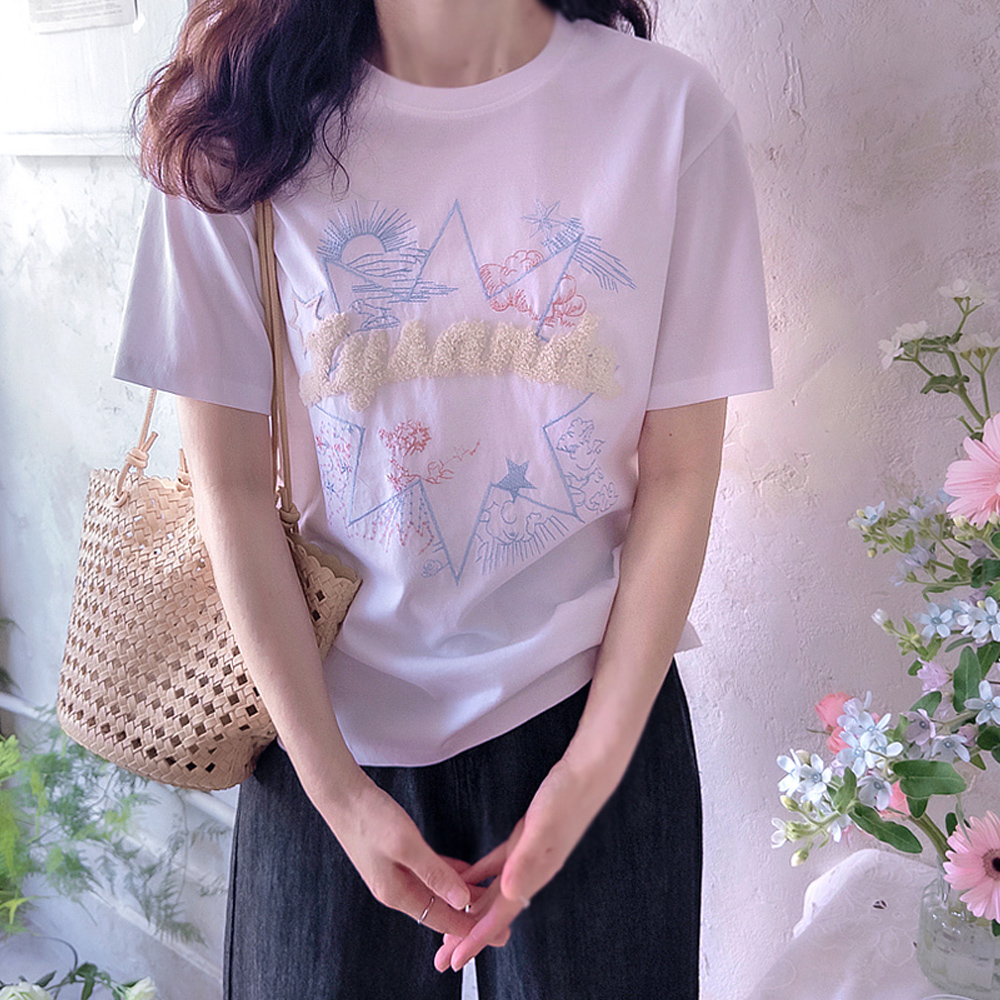 スター刺繍立体的レタリング刺繍ボドルシルケットティー [size:F(55～66)]