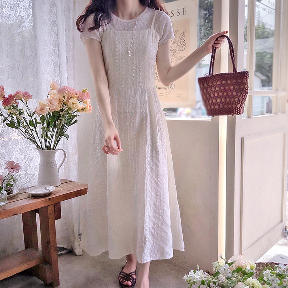 [身上特価15％割引] <FONT color=#5a3954>MADE LIN</font>ヘルモン夏立体 ヨリフィット くるみ心配なくワンピース[size:F(55),L(66～77)]