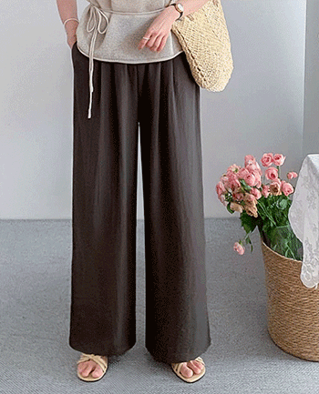 【軽くて涼しい/虐殺カバー】[LABEL] オアシスリネンブレンド ピンタック ワイドバンディングパンツ [size:F(55～66盤)]