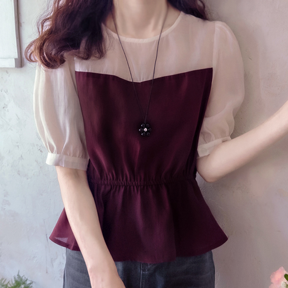 【秋の季節までまたない特価20％】 <FONT color=#5a3954>MADE LIN</font>スカーレット配色 テンセル エリフィット 高級米ブラウス 【size:F(55),L(66～77)】 (～7月30日まで)