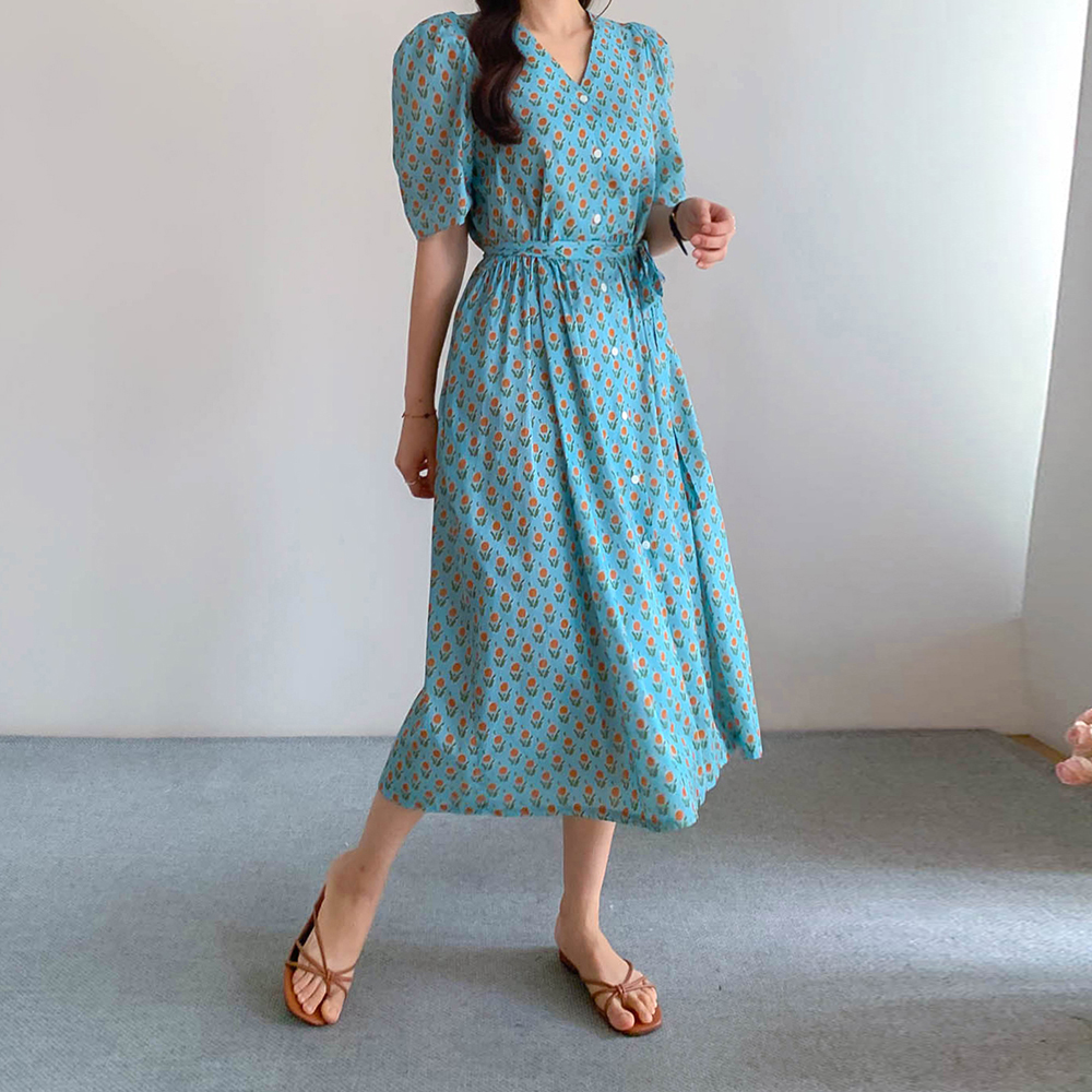 フローラルラップストラップ ブイネック パフ ロングワンピース [size:F(55～66)]