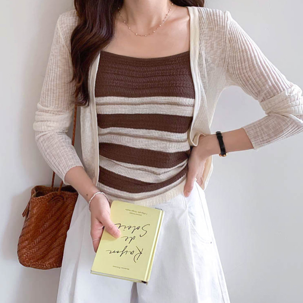 ヘイデン エリフィット ストライプ ゴルジ 袖なし カーディガンSET[size:F(55～66)]