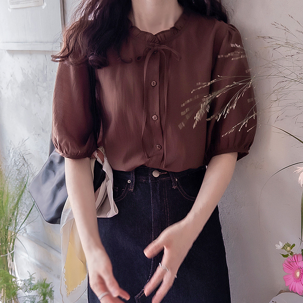 [新特価20％割引] <FONT color=#5a3954>MADE LIN</font>ハイディシャリングシルキーテンセル エリフィット 高級米ブラウス[size:F(55),L(66～77)]
