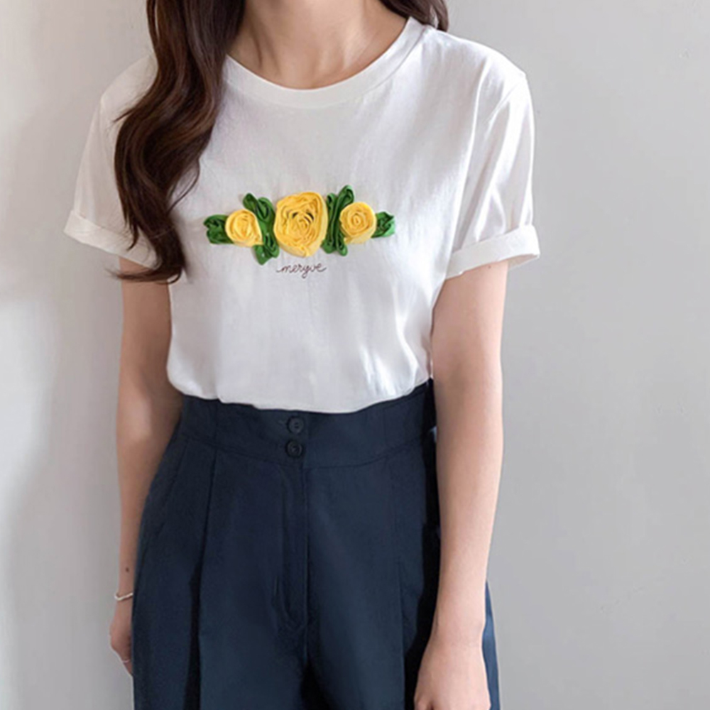 フローレン立体フラワー刺繍半そでティーシャツ[size:F(55～66)]