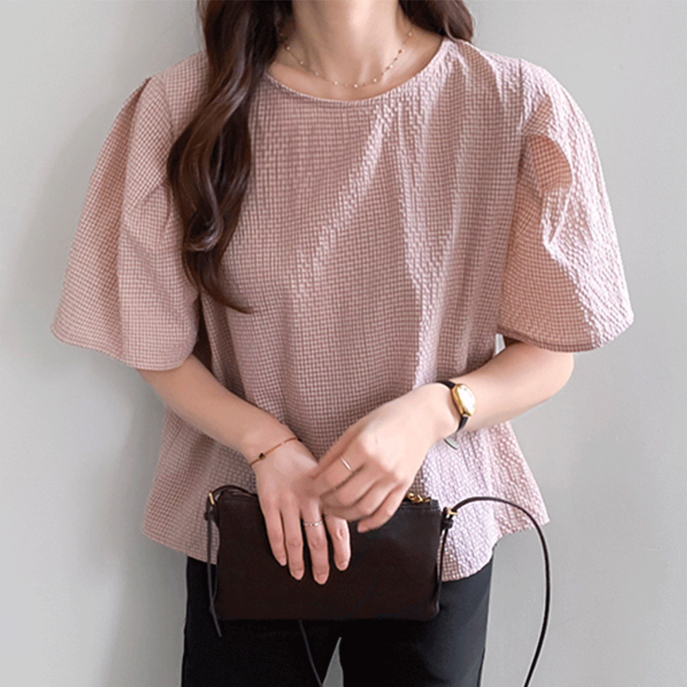 【新賞特価13%セール】MADE LIN リッツシアーサーカーミニチェック袖口ブラウス [size:F(55～66盤)]