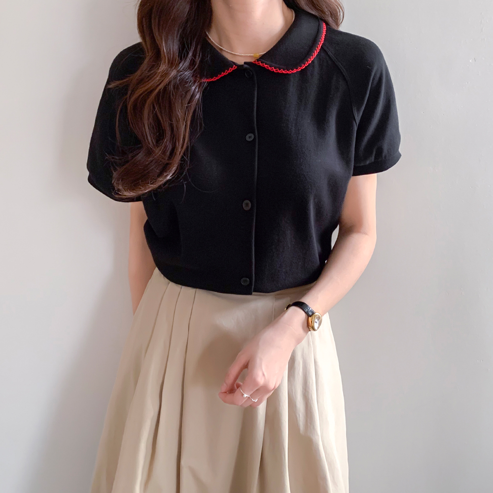 【新賞特価4千ウォン割引】MADE LIN ベルエンカラー配色刺繍半そでカーディガン【size:F(55～66)】