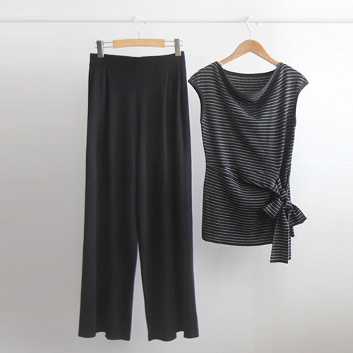 [特価30%★限定数量] ブランドウエストリボン ニット&バンドパンツ 洗練美セット[size:F(55～66)]