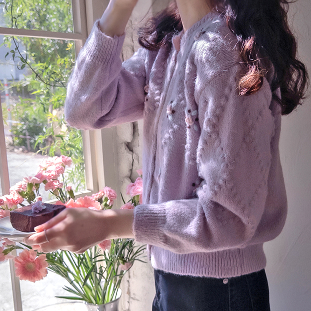 カーベン立体花刺繍 ラブリーテクスチャ エリーフィット カーディガン[size:F(55～66)]