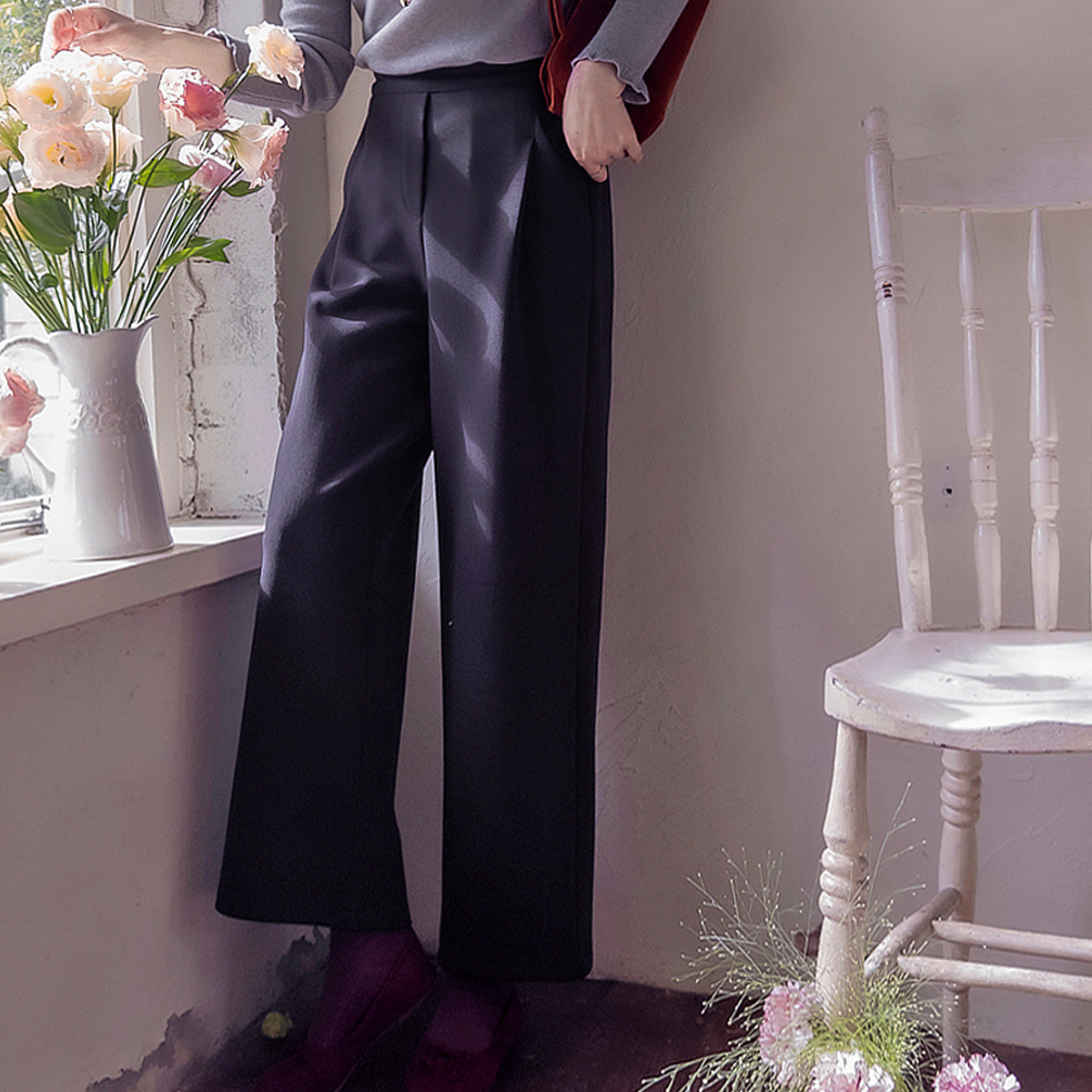 [新商品特価20％割引] <FONT color=#5a3954>MADE LIN</font>リスティンピンタック裏地モモムンほこり心配のないしっかりパンツ[size:S,M,L] 